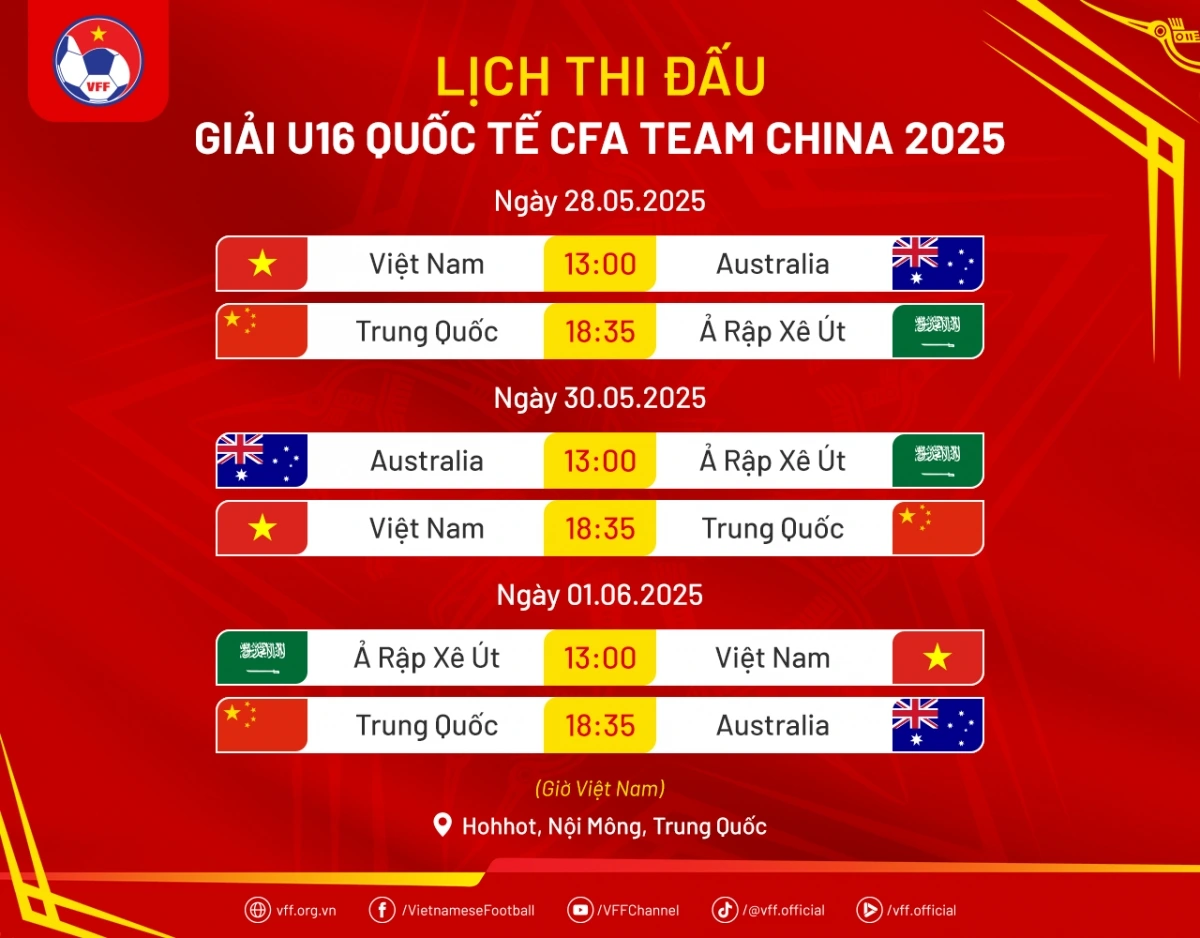 Lịch thi đấu U16 Việt Nam ở giải U16 Quốc tế 2025.