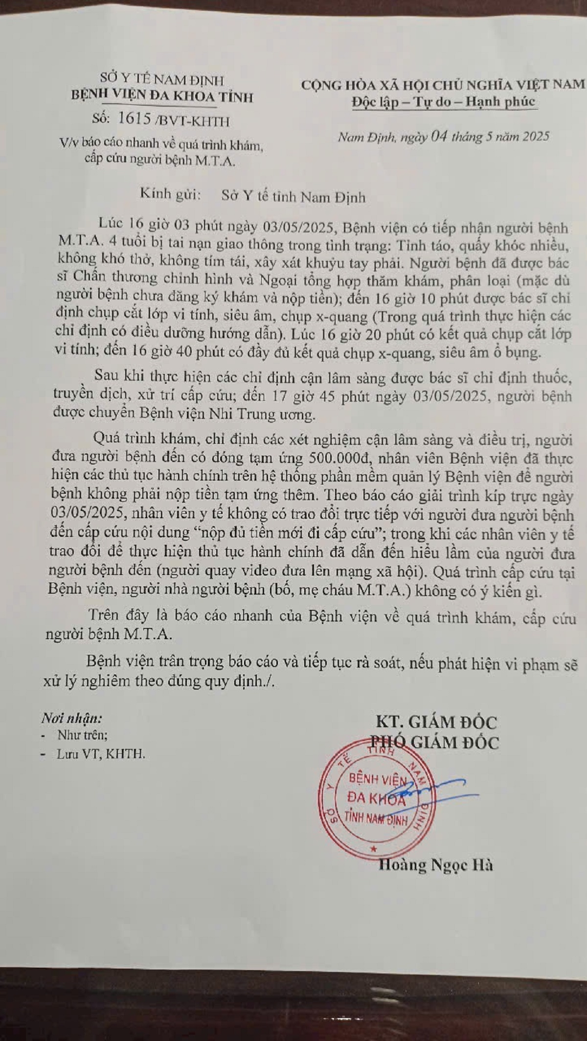 Bệnh viện Đa khoa Nam Định có văn bản giải trình vụ việc