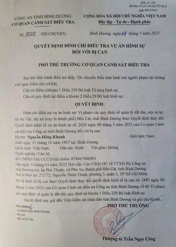 Quyết định đình chỉ điều tra vụ án hình sự đối với bị can Nguyễn Hồng Khanh