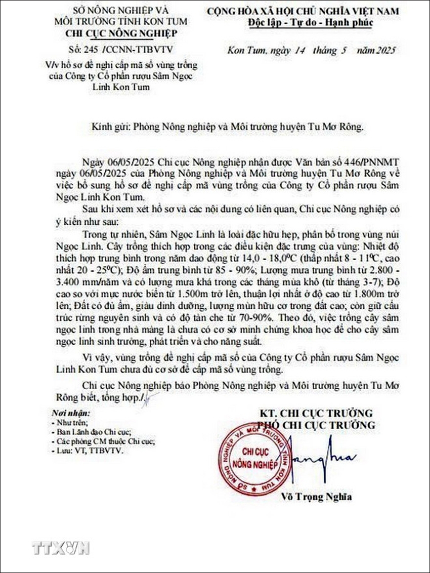 Văn bản số 245/CCNN-TTBVTV ngày 14/5 không đồng ý cấp mã vùng trồng cho Công ty CP Rượu sâm Ngọc Linh Kon Tum - Ảnh: Cao Nguyên/TTXVN