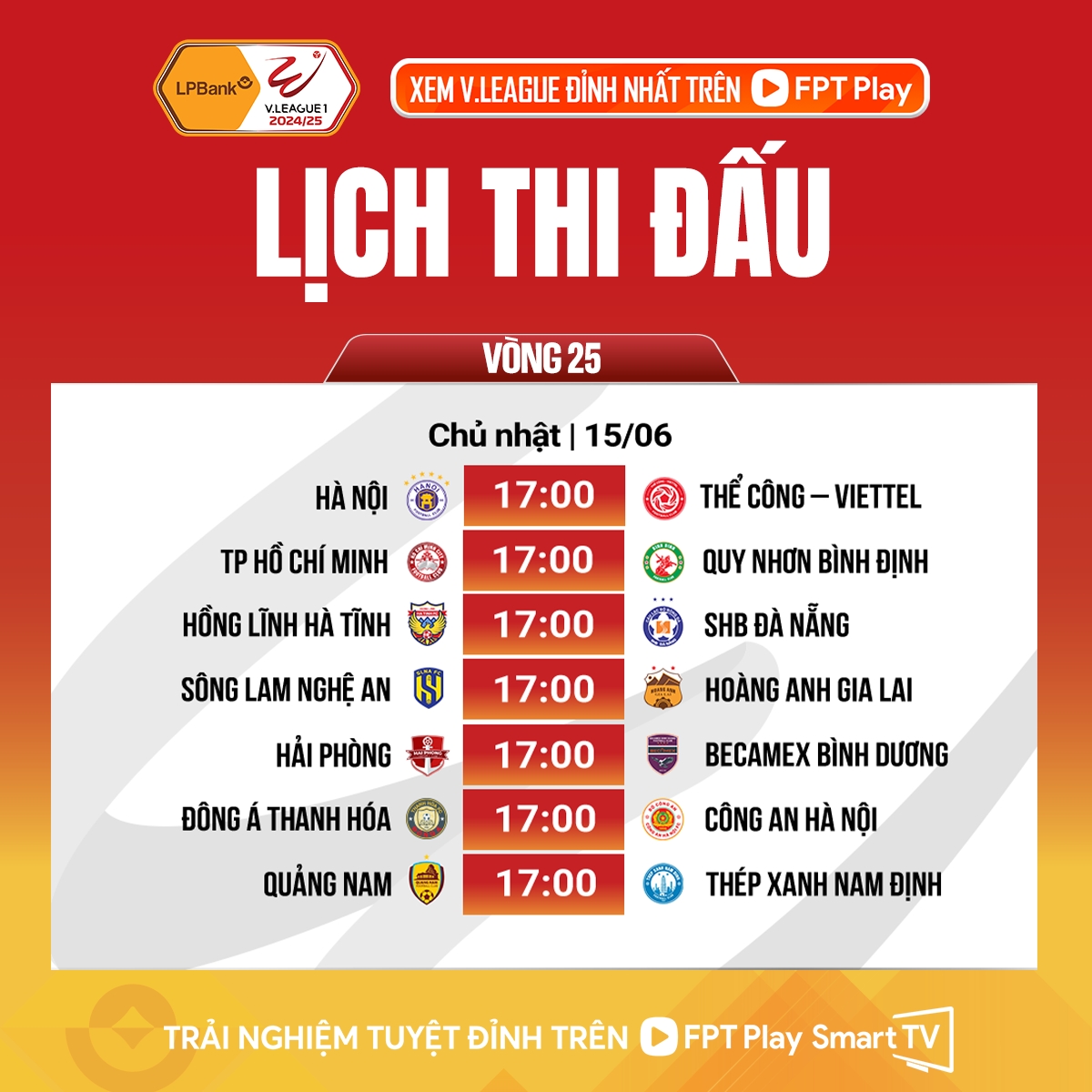 Lịch thi đấu vòng 25 V-League 2024/2025.