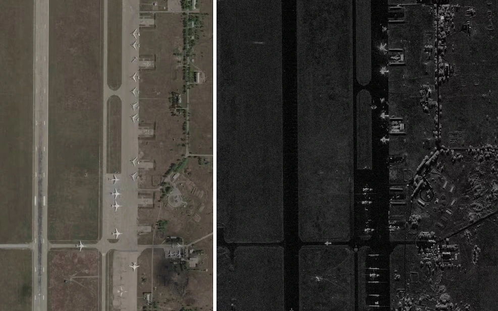 Hình ảnh vệ tinh về sân bay Belaya của Nga trước và sau lúc bị UAV Ukraine tập kích hôm 1/6. Ảnh trái do công ty Planet Labs PBC, ảnh phải do công ty Capella Space chụp.