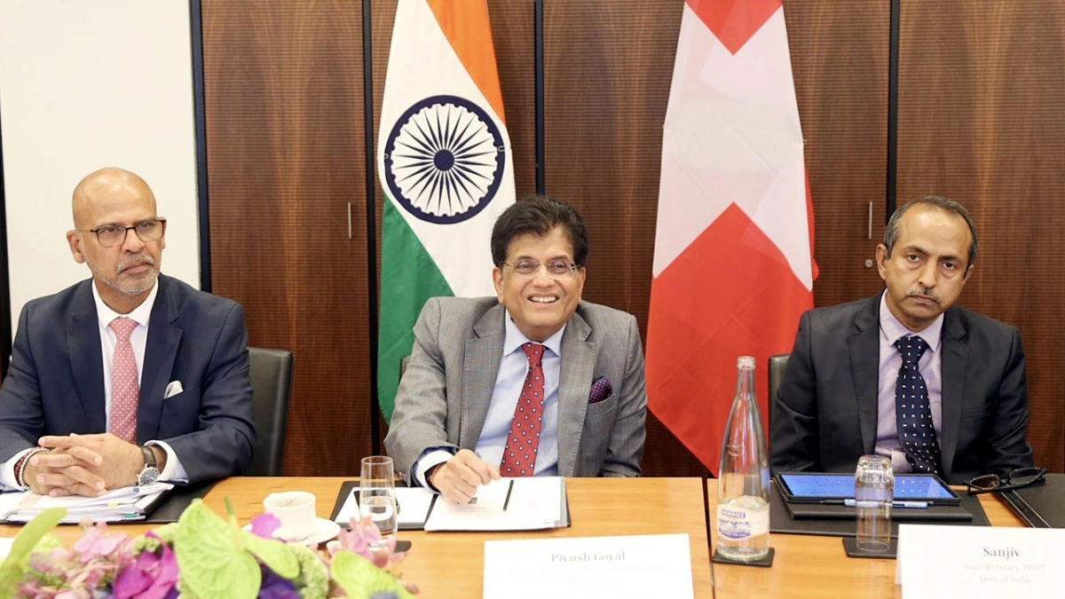 Bộ trưởng Công Thương Ấn Độ Piyush Goyal trong cuộc họp với các giám đốc điều hành của các doanh nghiệp vừa và nhỏ của Thụy Sĩ ngày 9/6 - Ảnh: ANI