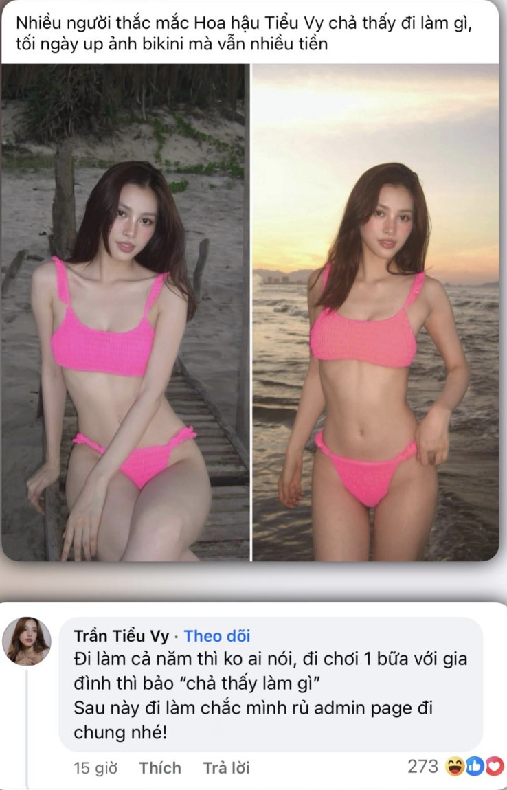 Sao Việt 12/6: Mới đây, Hoa hậu Tiểu Vy bất ngờ trở thành đề tài bàn tán trên mạng xã hội. Theo đó, một diễn đàn mạng đã đăng tải khoảnh khắc nàng hậu gen Z diện bikini dạo biển kèm dòng nhận xét: "Nhiều người thắc mắc Hoa hậu Tiểu Vy chả đi làm gì, tối ngày đăng ảnh bikini mà vẫn nhiều tiền". Bên dưới bài đăng này, Hoa hậu Tiểu Vy nhanh chóng đưa ra lời phản pháo: "Đi làm cả năm không ai nói, đi chơi một bữa với gia đình thì bảo chả thấy làm gì. Sau này mình đi làm chắc mình rủ admin page đi chung".