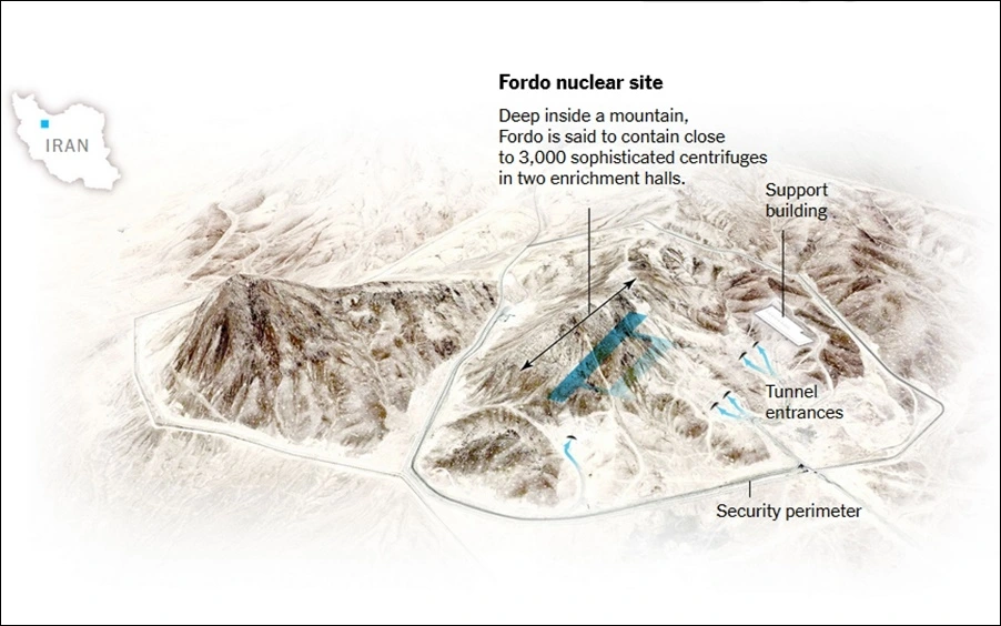 Cơ sở hạt nhân Fordo của Iran. Dữ liệu: Nuclear Threat Initiative. Đồ họa: Google Earth, Nytimes.