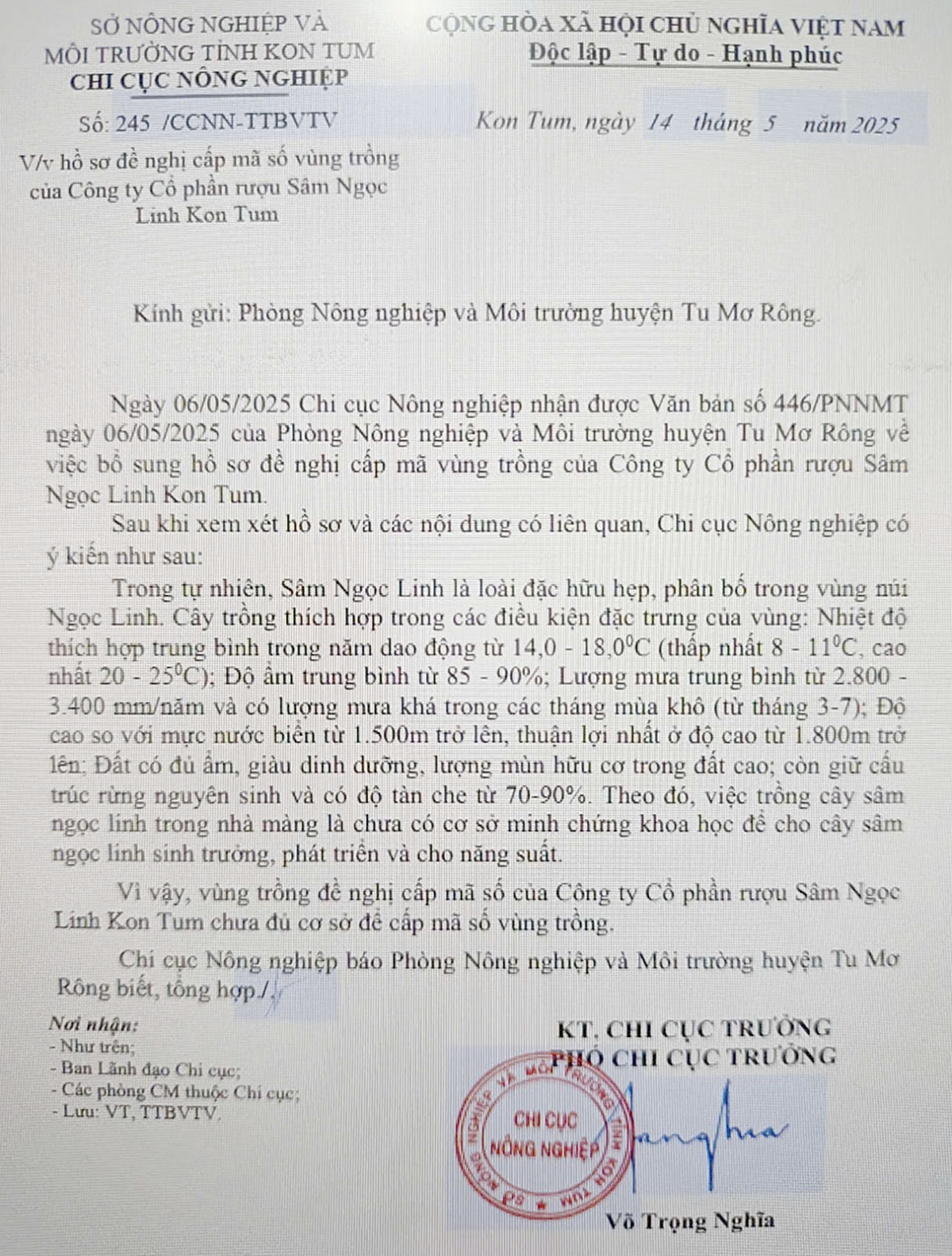 Công văn ngày 14/5/2025 “từ chối” cấp Giấy xác nhận cấp mã số vùng trồng sâm Ngọc Linh của Chi cục Nông nghiệp tỉnh Kon Tum.