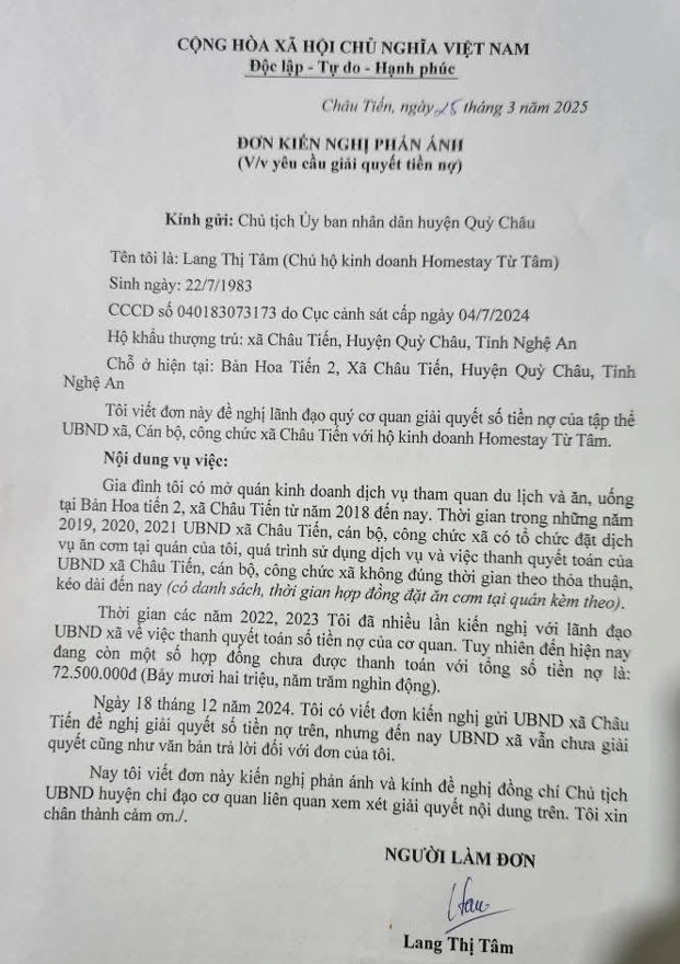 Đơn kiến nghị của Bà Lang Thị Tâm.