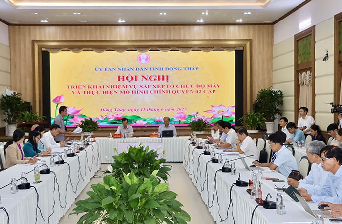 Quang cảnh hội nghị triển khai nhiệm vụ sắp xếp tổ chức bộ máy và thực hiện mô hình chính quyền địa phương 2 cấp.