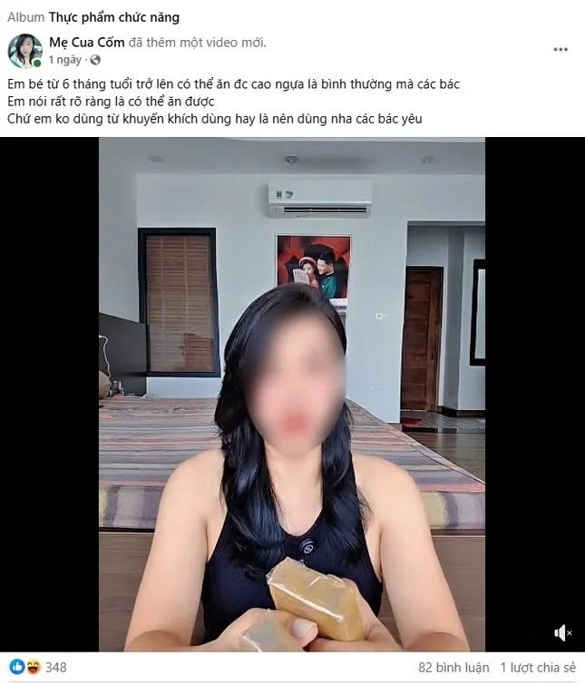 Mới đây "Mẹ cua cốm" - một tiktoker nổi tiếng trên mạng xã hội đăng tải video với nội dung quảng cáo cao ngựa bạch cho trẻ 6 tháng tuổi đang nhận được nhiều ý kiến trái chiều từ dư luận