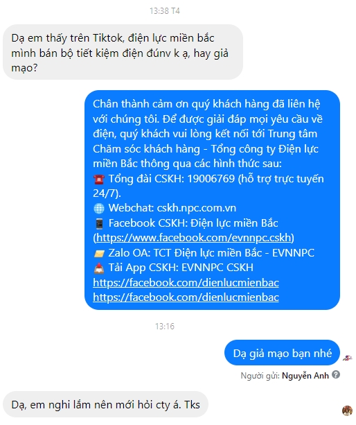 Hình ảnh khách hàng phản ánh tới fanpage Tổng công ty Điện lực miền Bắc.