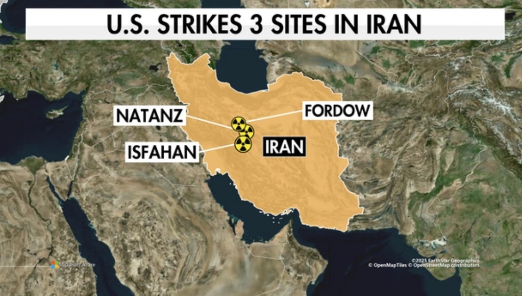 Sơ đồ 3 cơ sở hạt nhân Iran trúng đòn tấn công của Mỹ. Ảnh: open map/open street map