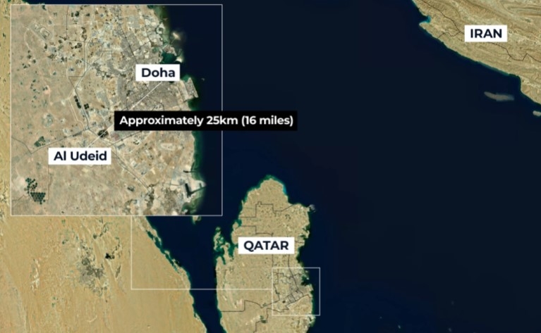 Vị trí căn cứ không quân Al Udeid cách thủ đô Doha của Qatar khoảng 16km (Ảnh: Al Jazeera)
