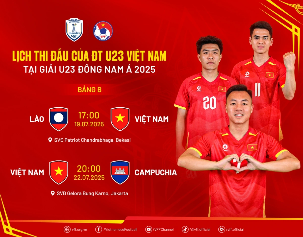 Lịch thi đấu ĐT U23 Việt Nam tại Giải U23 Đông Nam Á 2025. (Ảnh: VFF)