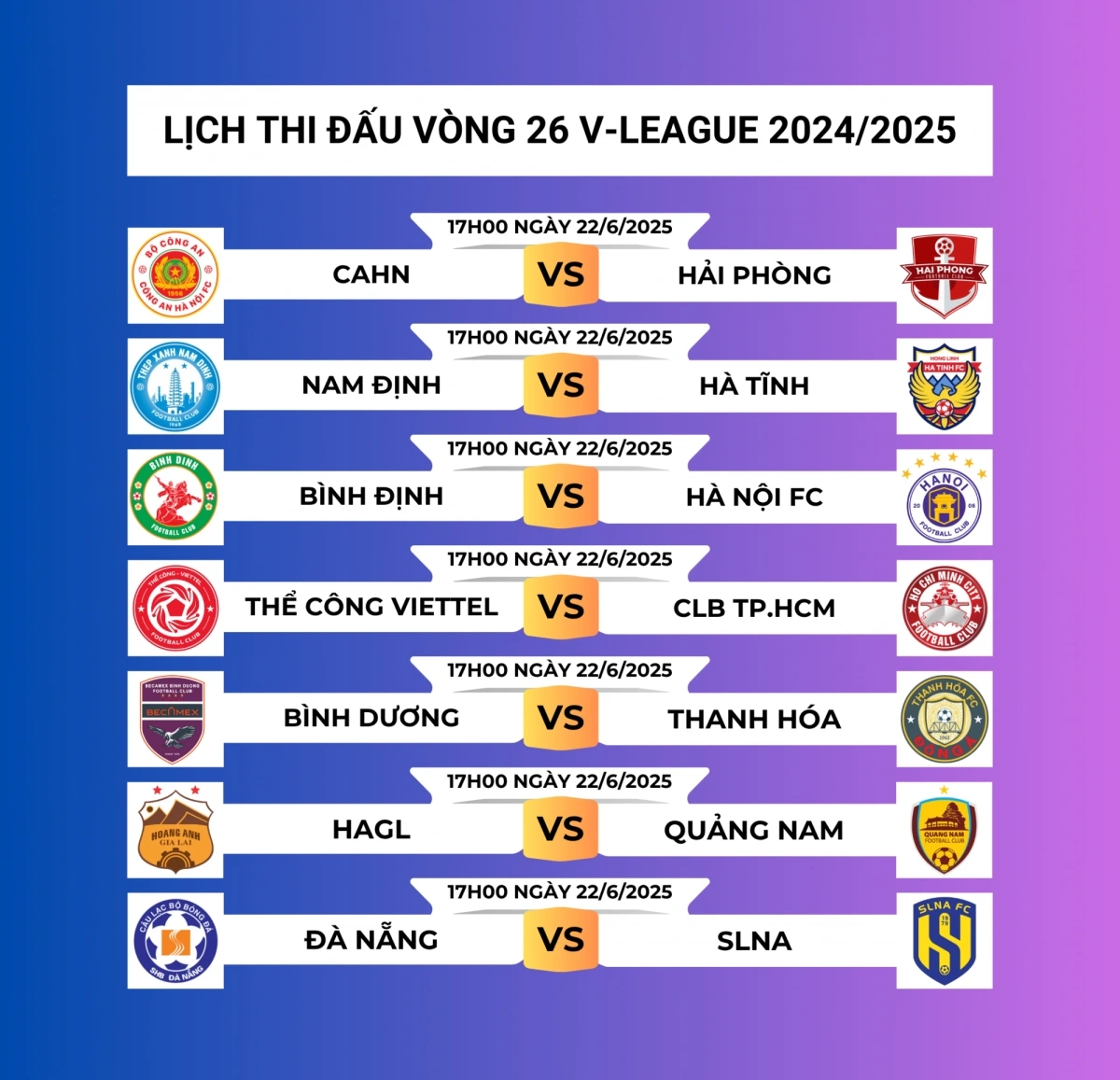 Lịch thi đấu và trực tiếp vòng 26 V-League 2024/2025.