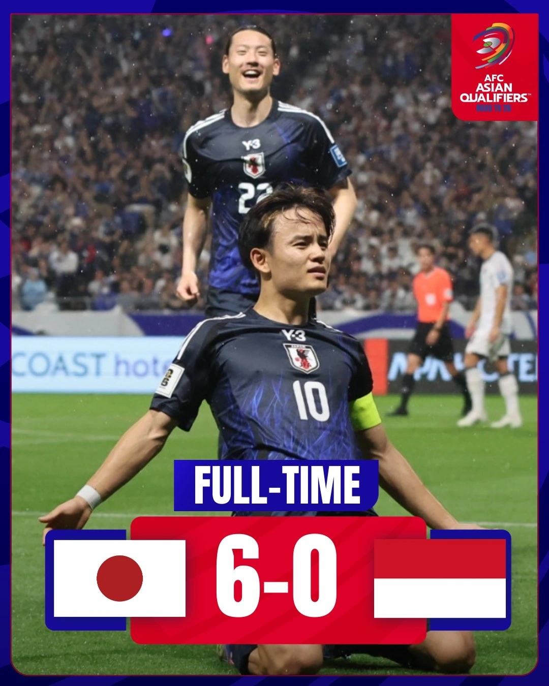 Nhật Bản thắng 6-0 Indonesia.