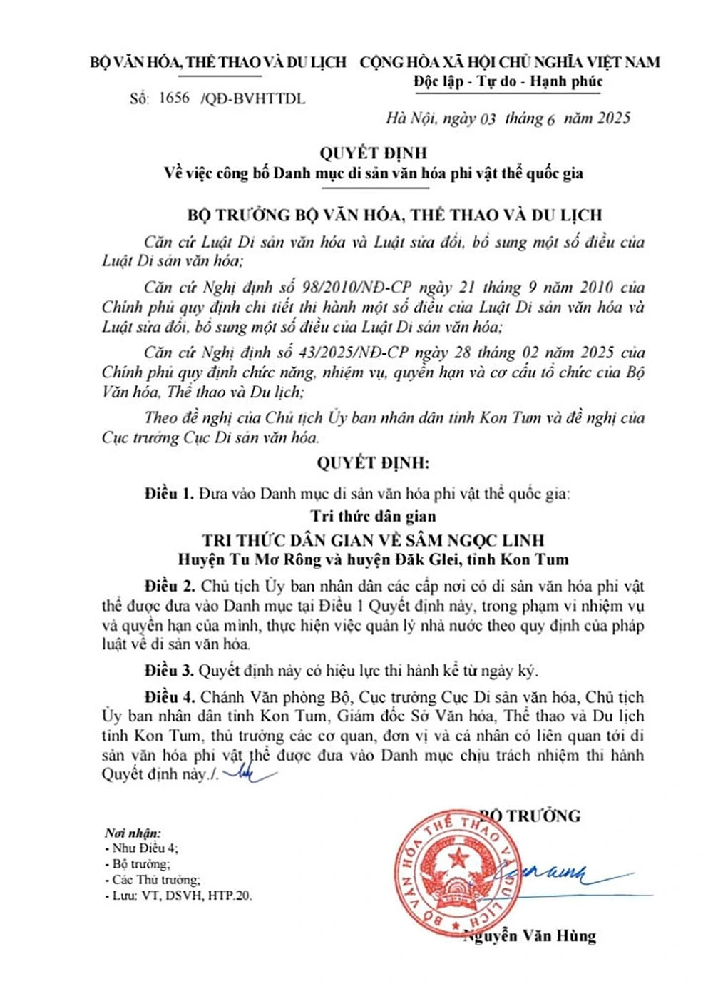 Quyết định số 1656 ngày 3/6/2025 của Bộ Văn hoá, Thể thao và Du lịch.