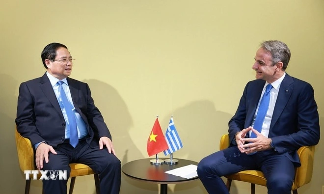 Thủ tướng Phạm Minh Chính gặp Thủ tướng Hy Lạp Kyriakos Mitsotakis. Nguồn: TTXVN
