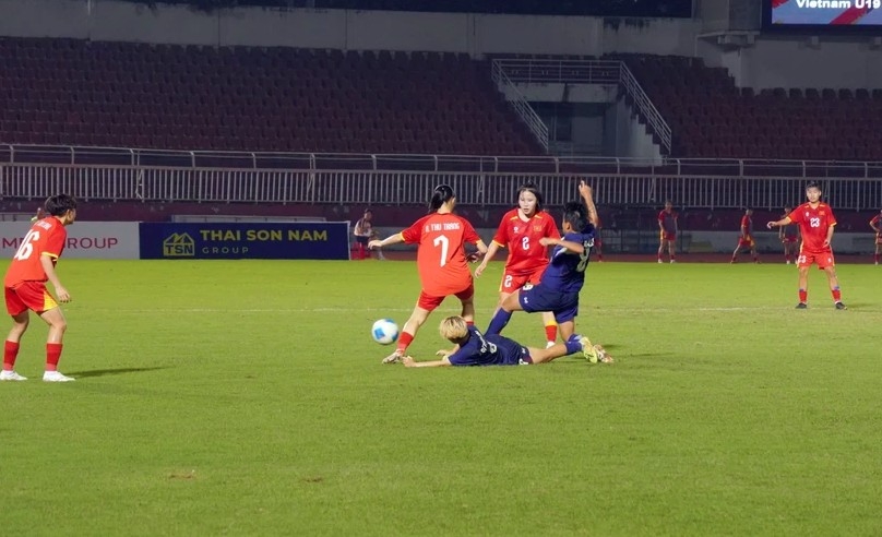 Vietnam U19 women’s team (in red) on the ball against Thailand U19 (in blue).