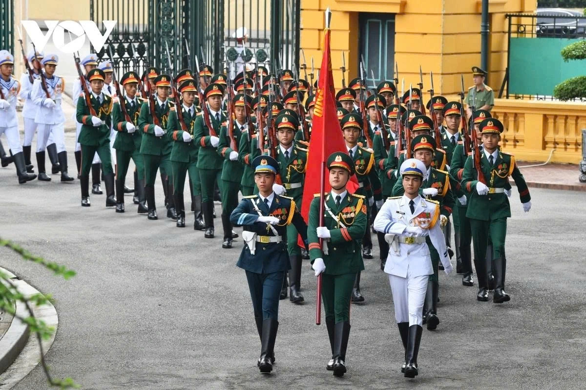 The honour guard of the Vietnam People’s Army stand ready ahead of the ceremony.