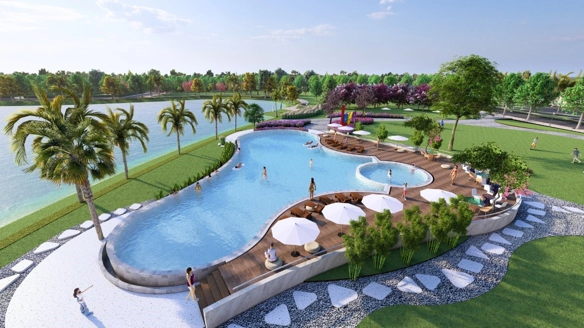 Bể bơi hơn 400 m2 sẽ đáp ứng nhu cầu hòa mình vào thiên nhiên cho du khách tại Ruby Tree Golf Villas