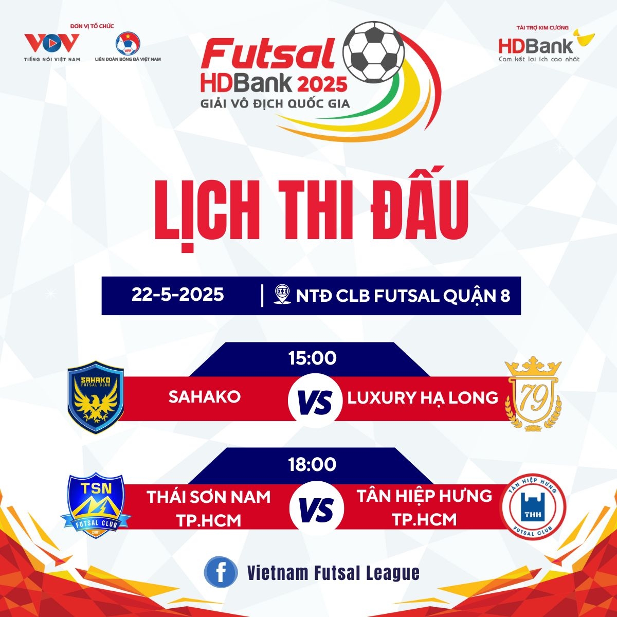 Lịch thi đấu và trực tiếp Giải Futsal HDBank VĐQG 2025 ngày 22/5