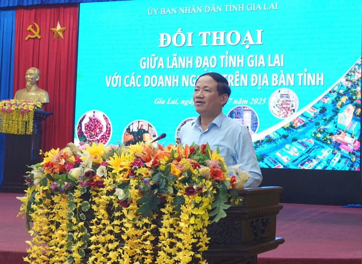 Ông Phạm Anh Tuấn- Chủ tịch UBND tỉnh Gia Lai phát biểu tại buổi đối thoại. (Ảnh: Nguyễn Thảo)