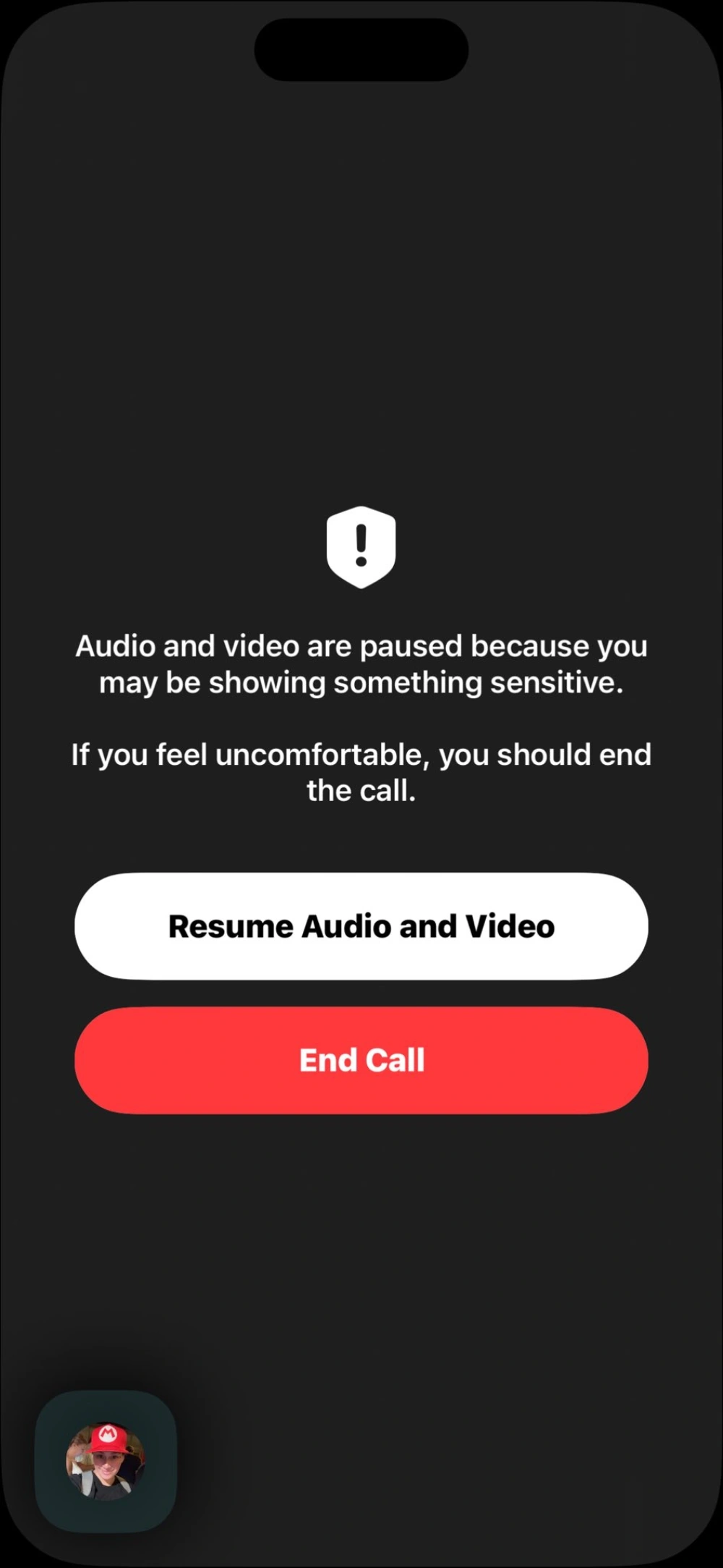 Hình ảnh cảnh báo từ iOS 26 khi phát hiện ai đó đang "cở đồ" trong cuộc gọi video FaceTime