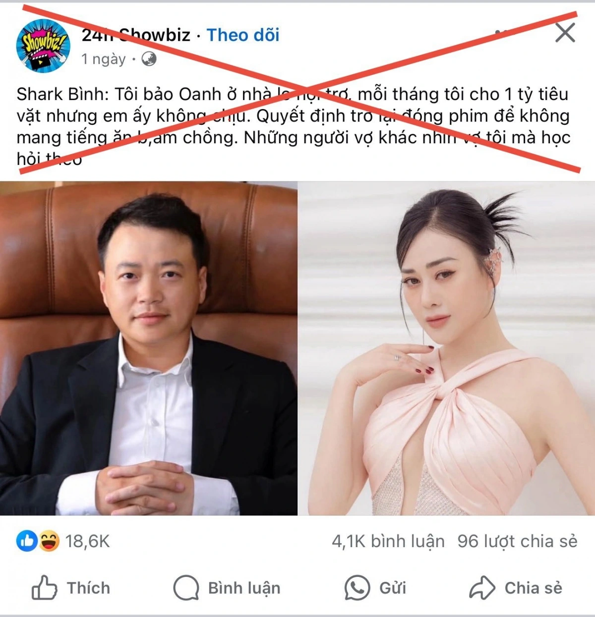 Phương Oanh đăng ảnh chụp màn hình trang đăng tin sai sự thật về cô và gia đình (Ảnh: FBNV)