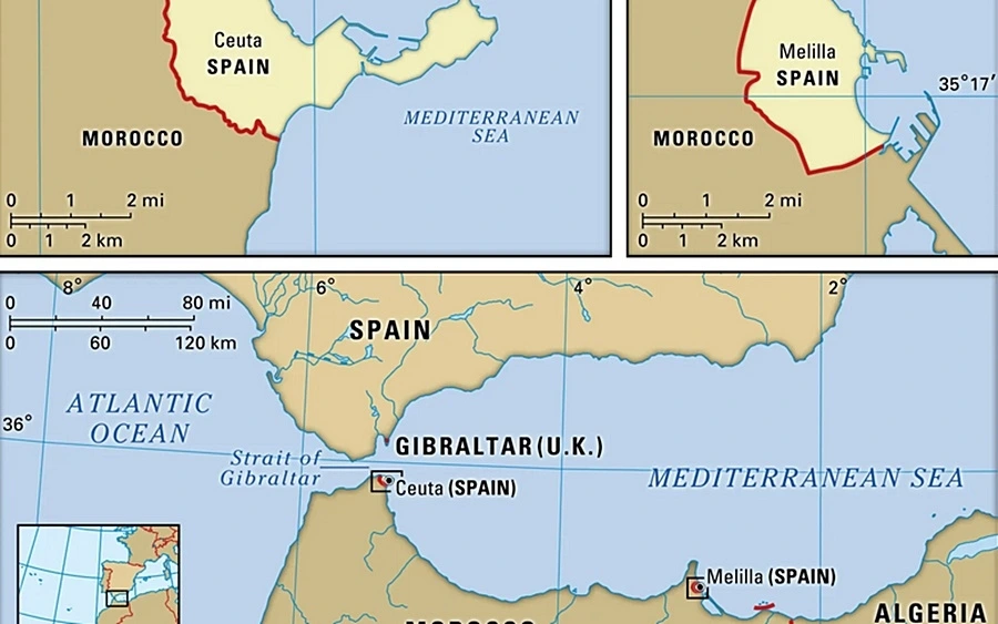Lãnh thổ Ceuta của Tây Ban Nha nằm sát Marốc. Ảnh: Britannica.