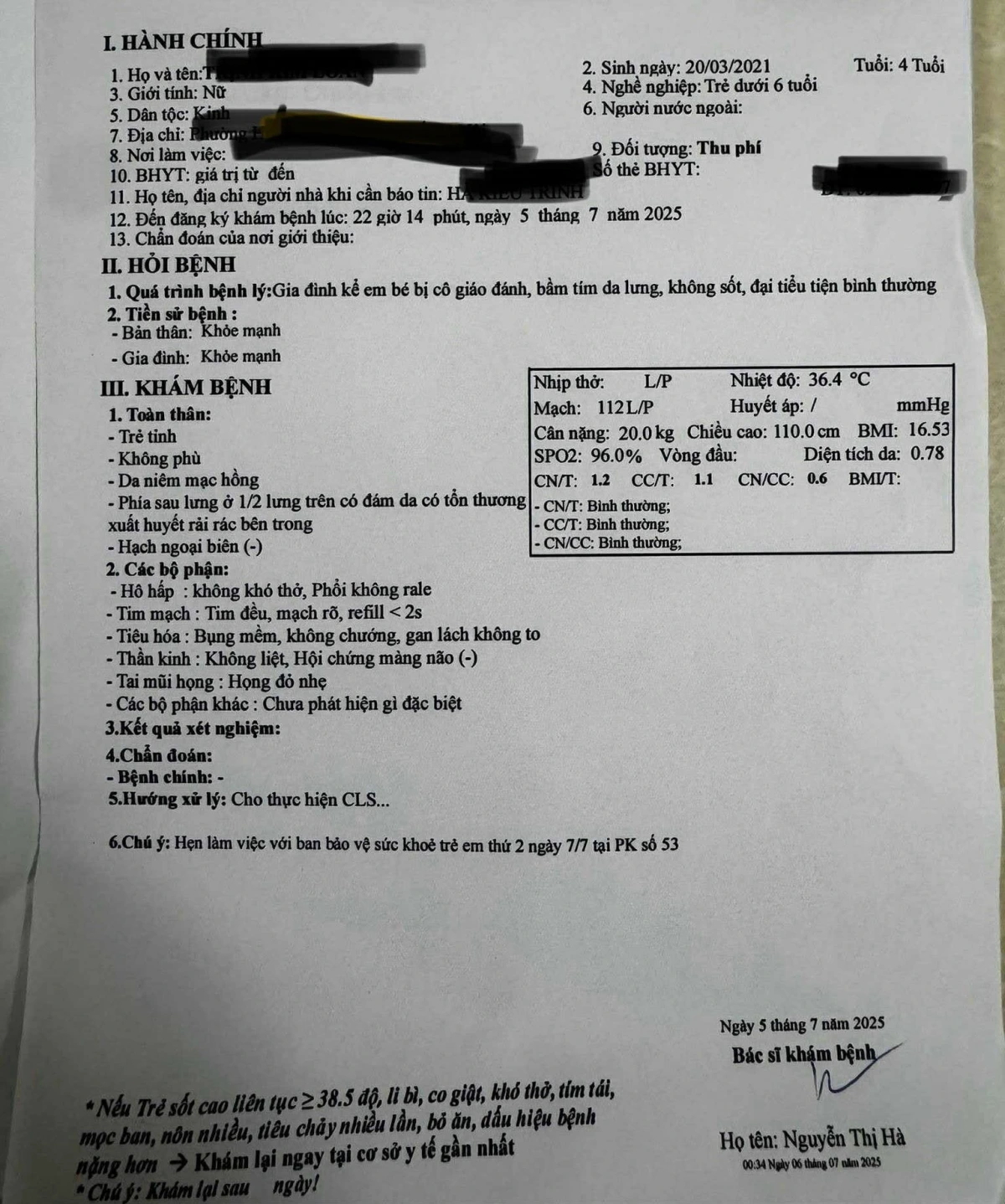 Kết quả khám bệnh cho bé trai ngày 5/7 do gia đình cung cấp.