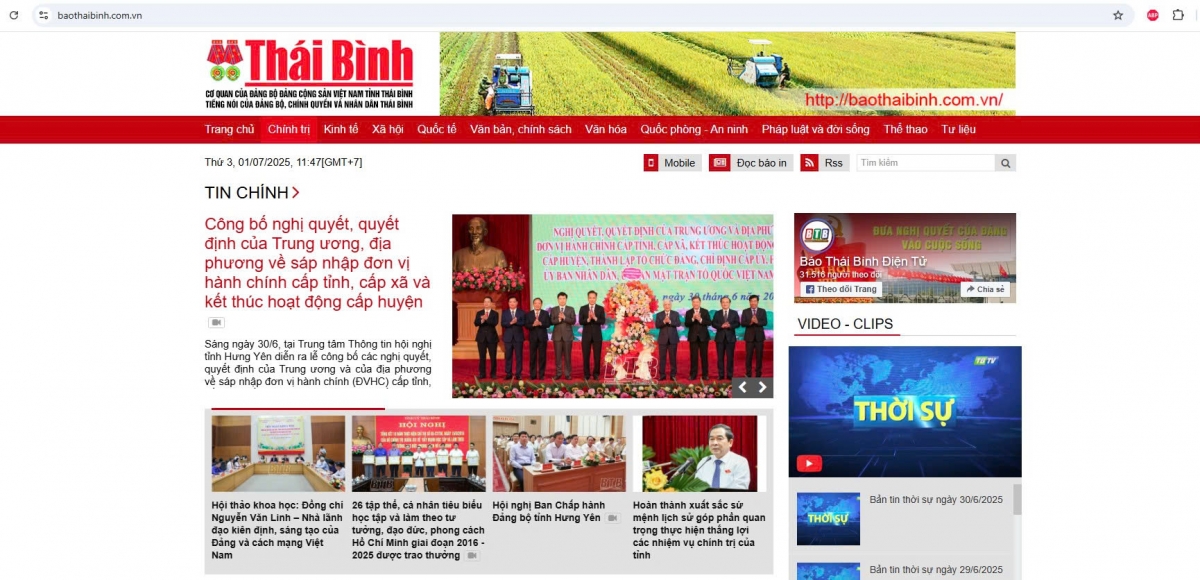 Báo Thái Bình sáng 1/7 vẫn truy cập được. Ảnh chụp màn hình