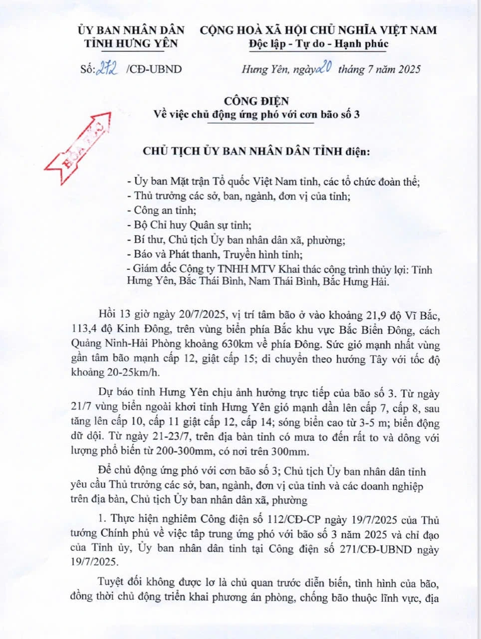 Công điện khẩn của Chủ tịch UBND tỉnh Hưng Yên
