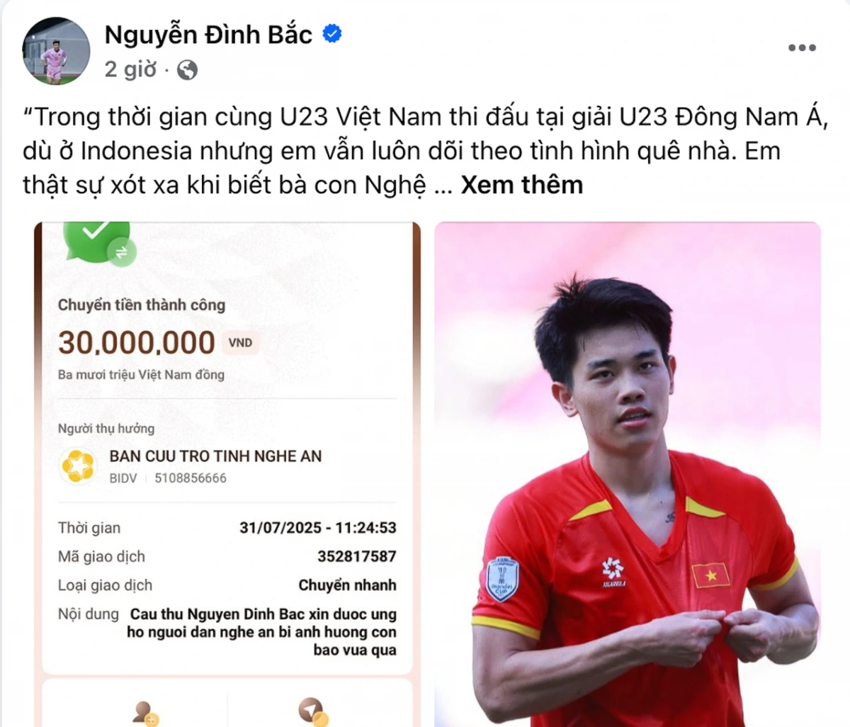 Đình Bắc có hành động ý nghĩa sau chức vô địch U23 Đông Nam Á 2025 (Ảnh: FBNV)