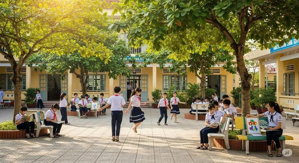 Các trường có thể tận dụng khoảng sân làm nơi tổ chức các hoạt động thể thao nhẹ nhàng, các buổi giao lưu nghệ thuật, đọc sách, thảo luận nhóm hoặc chơi các trò chơi dân gian... (Ảnh minh họa: Gemini)