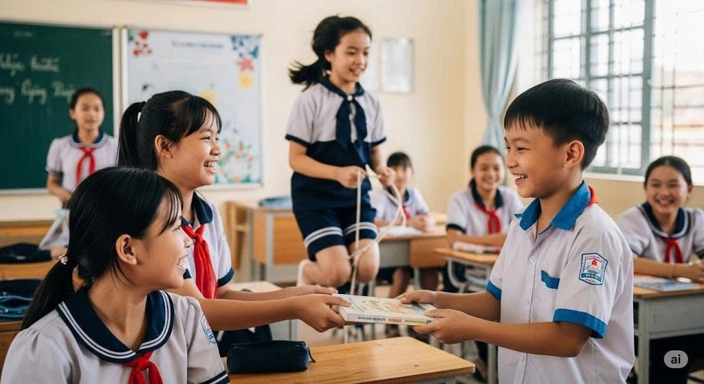 Trường học không chỉ là nơi truyền thụ kiến thức mà còn là không gian sống, nơi trẻ học cách lắng nghe, trò chuyện, vận động, sáng tạo và lớn lên cùng cộng đồng (Ảnh minh họa: Gemini)