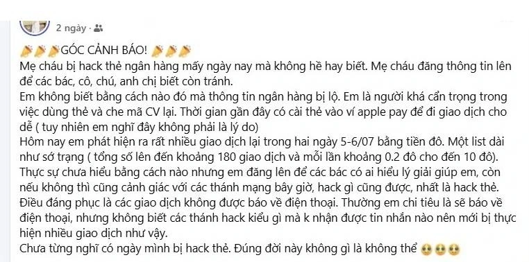 Chia sẻ của nạn nhân bị mất tiền trong thẻ quốc tế mà không hay biết (Ảnh chụp màn hình)