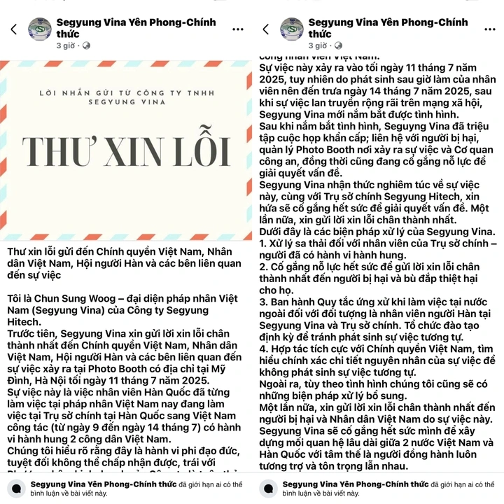 Bài đăng trên Facebook công ty Segyung Vina chiều ngày 16/7. (Ảnh: Chụp màn hình)
