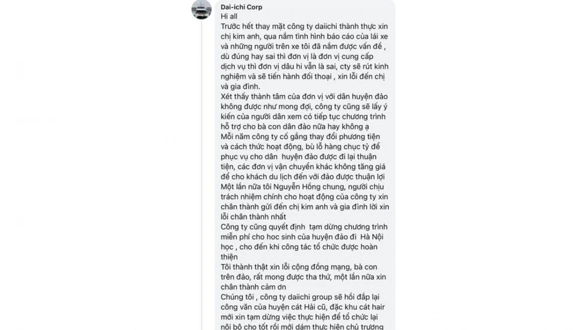 Ông Nguyễn Hồng Chung, người phụ trách chính của công ty Daiichi Group đã đăng nội dung xin lỗi chị Kim Anh lên mạng xã hội.