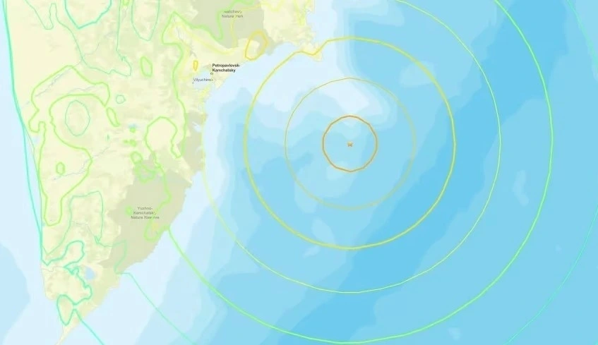 Bản đồ của Cơ quan Khảo sát Địa chất Mỹ (USGS) ghi nhận trận động đất mạnh 8,0 độ xảy ra ngoài khơi bờ biển phía Đông nước Nga ngày 30/7/2025. Ảnh: Cơ quan Khảo sát Địa chất Mỹ