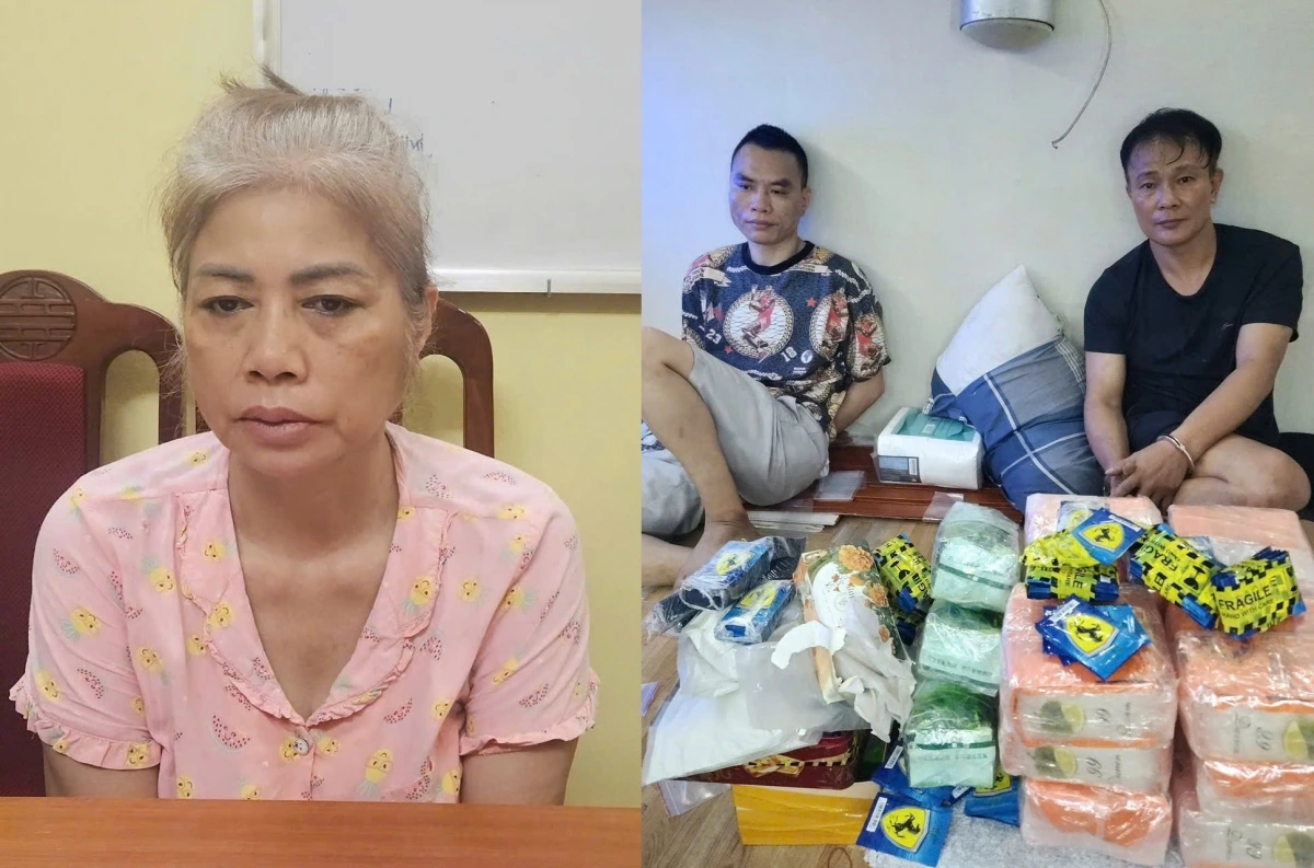 Bùi Thị Thanh Thuỷ (trái) cùng các đồng phạm và tang vật của vụ án.