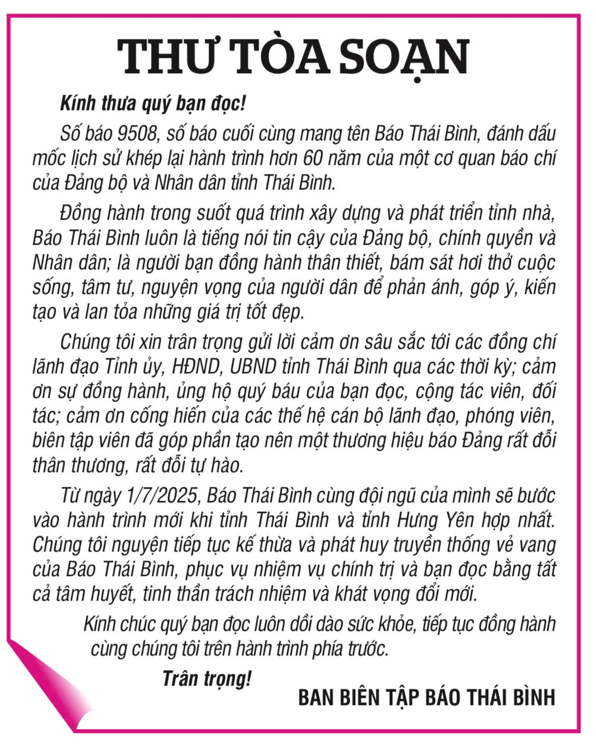 Thư tòa soạn gửi độc giả của đội ngũ những người làm Báo Thái Bình