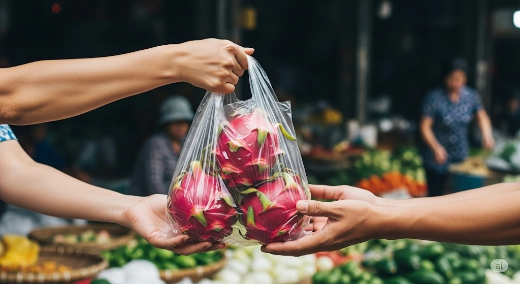Túi ni lon đã len lỏi vào đời sống hàng chục năm nay như một thói quen tiện lợi, nhưng cũng là hình ảnh của hành vi tiêu dùng lười biếng (Ảnh minh họa: Gemini AI)
