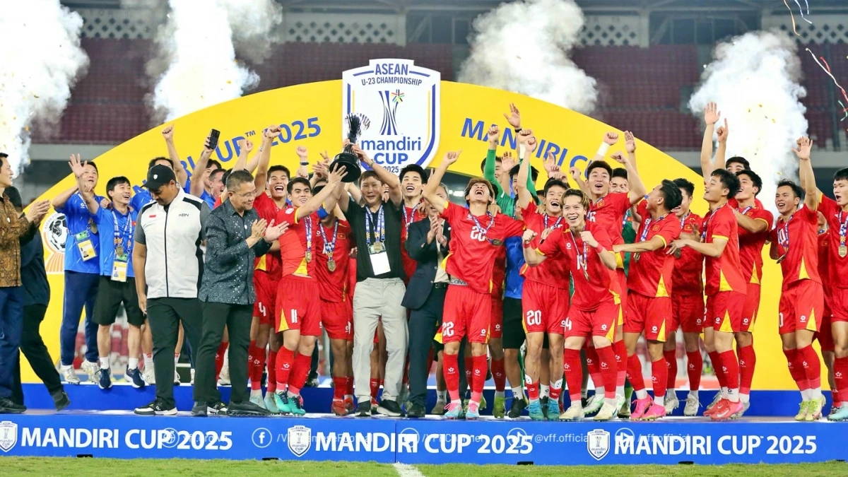 U23 Việt Nam đánh bại U23 Indonesia với tỉ số 1-0 để có lần thứ ba liên tiếp vô địch giải U23 Đông Nam Á. (Ảnh: VFF)