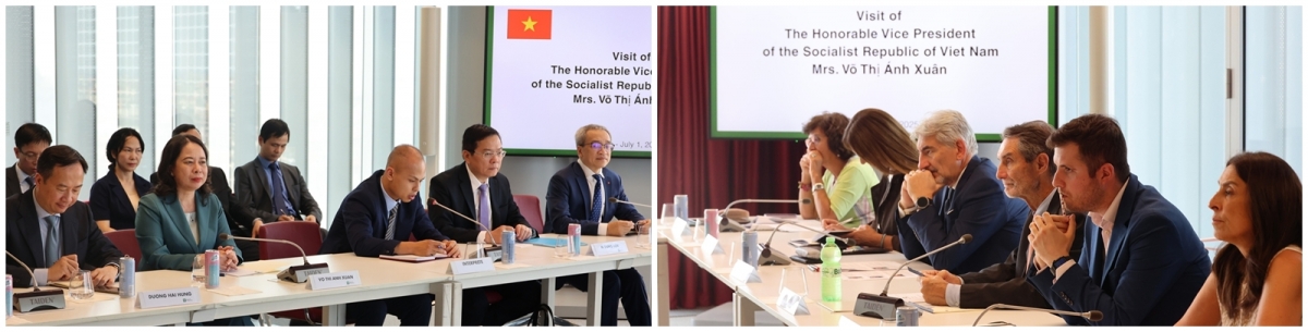 Phó Chủ tịch nước Võ Thị Ánh Xuân và Chủ tịch vùng Lombardy tại cuộc gặp (Ảnh: TTXVN)
