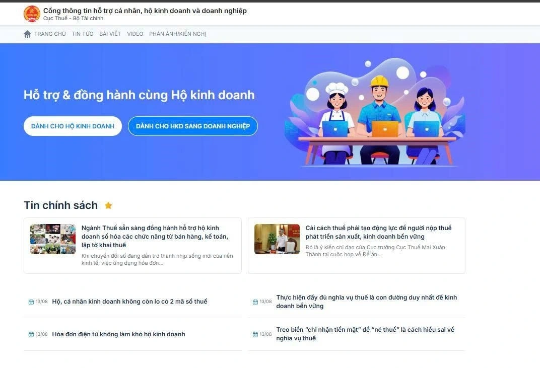Giao diện Cổng thông tin hỗ trợ cá nhân, hộ kinh doanh, doanh nghiệp