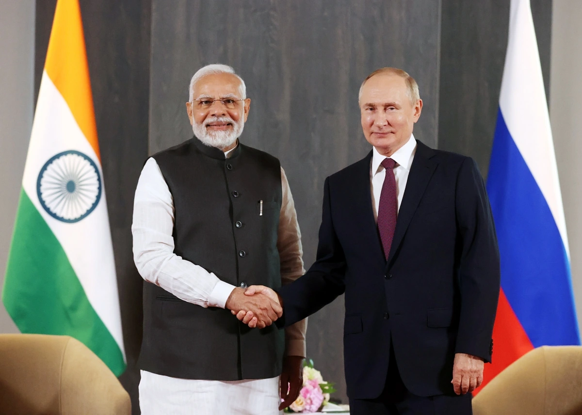 Thủ tướng Ấn Độ Narendra Modi và Tổng thống Nga Vladimir Putin tại cuộc gặp song phương ở Samarkand, Uzbekistan tháng 9/2022 (Nguồn: ANI)