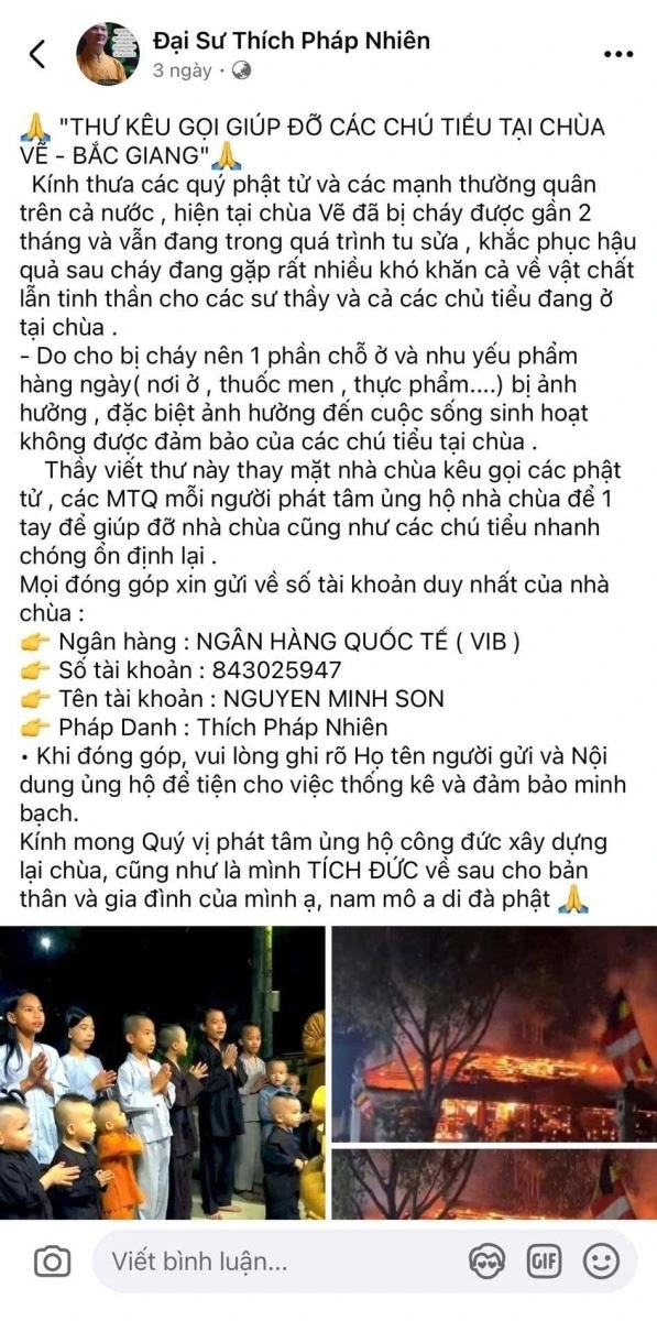 Bài đăng kêu gọi ủng hộ xây chùa Vẽ của đối tượng Tuấn