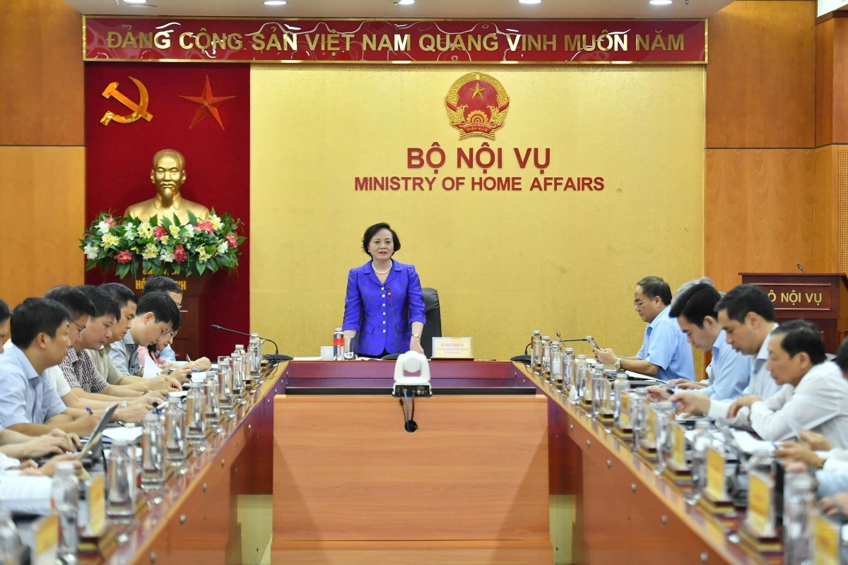 Bộ trưởng Bộ Nội vụ Phạm Thị Thanh Trà phát biểu tại hội nghị triển khai nhiệm vụ, công tác tháng 8/2025. Ảnh: Gia Đoàn