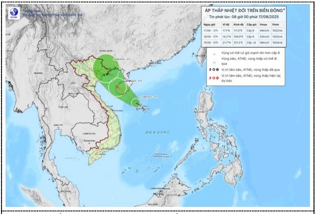 Bản đồ dự báo quỹ đạo và cường độ áp thấp nhiệt đới lúc 08h00 ngày 17/8/2025