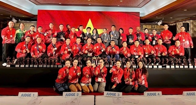 Vietnamese bodybuilders successfully topped the regional championship and came in second in the Asian tournament. (Photo courtesy of VBWF)
